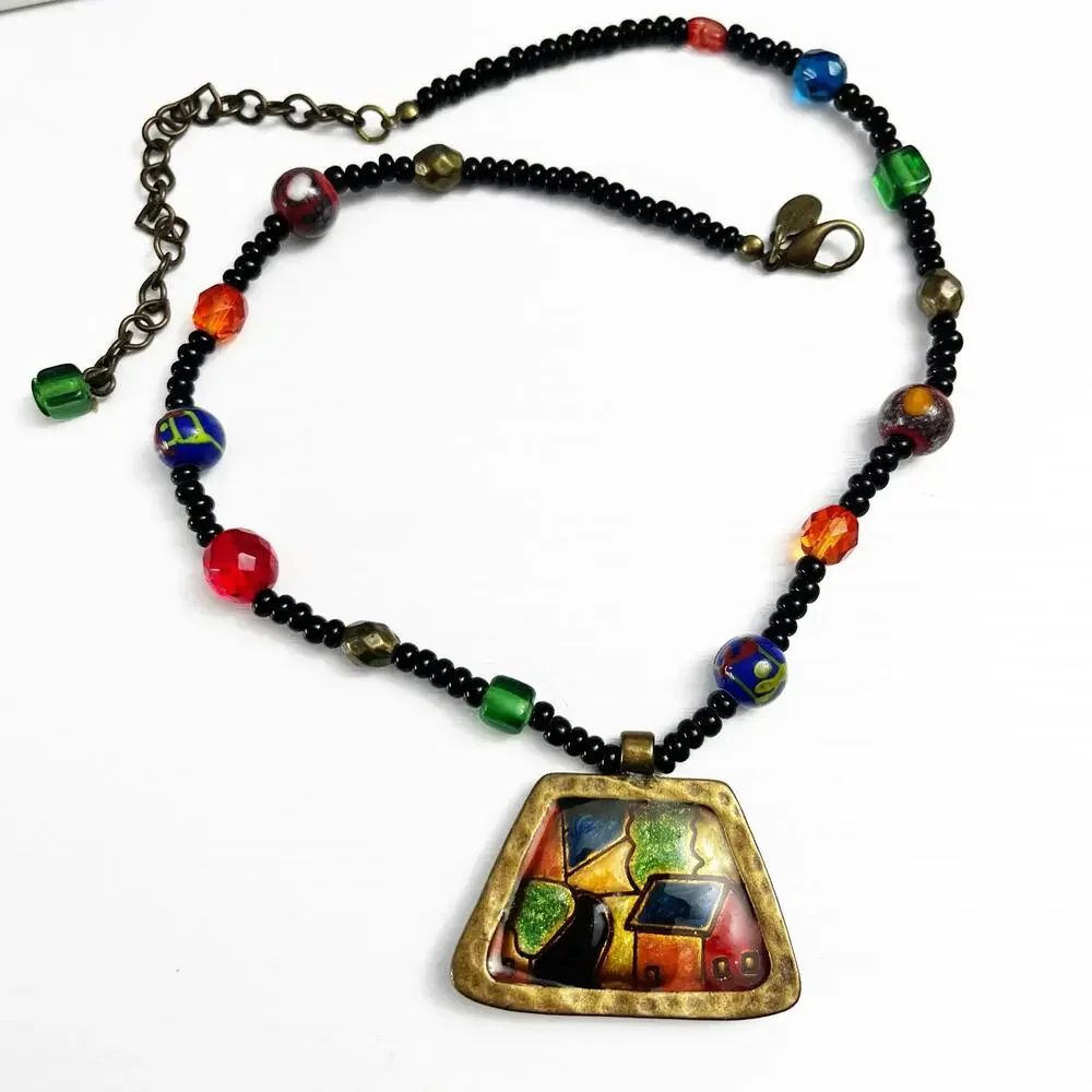Chico's Vintage Enamel Stained Glass Style Beaded Necklace